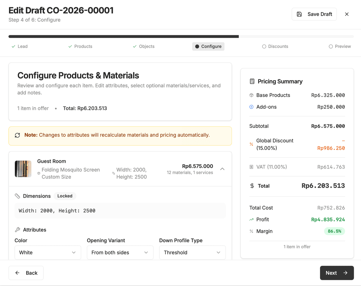 Offer configuration with pricing summary and product details
